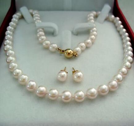 Charming 8-9MM White Akoya Pearl Necklace Earring Set AA 012