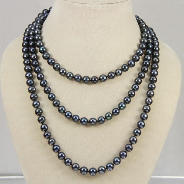 New 7-8mm Black real akoya Cultured Pearl Necklace 50