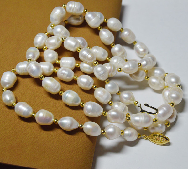 NEW Natural 10-11mm genuine natural white rice pearl necklace 35 inches