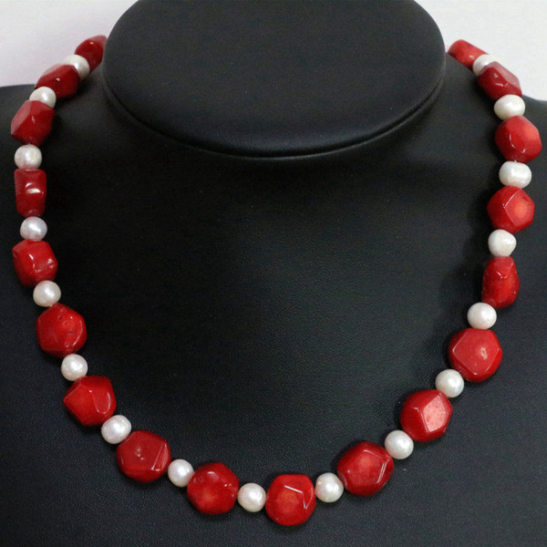 Natural Coral Irregular + Natural Pearl Necklace 18