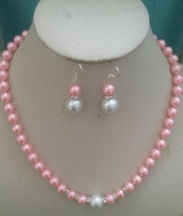 8MM Pink /White South Sea Shell Pearl necklace earrings set AAA Grade V665