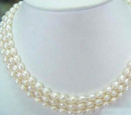 Fashion 3Rows 6-7mm White akoya cultured pearl Rice Beads necklace