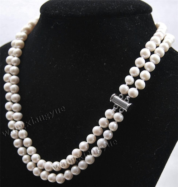 Charming!2Rows 14-16mm Natural White Akoya Cultured Pearl Hand Knotted Necklace