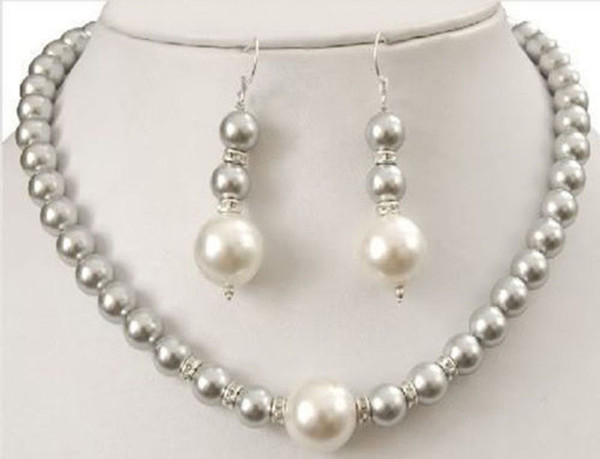 8MM Gray/12MM White South Sea Shell Pearl Round Beads Necklace + Earrings Set