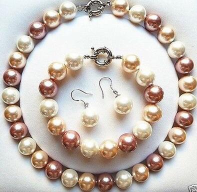 12mm White Pink Purple South Sea Shell Pearl Necklace Bracelet Earrings Set AAA