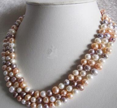 Genuine 3Rows 7-8mm Natural White / Pink / Purple Akoya Cultured Pearl Necklace