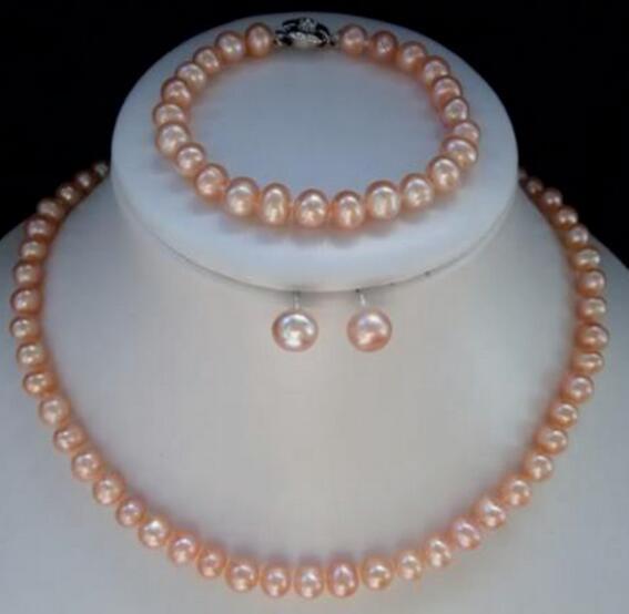 New 7-8mm Pink FW pearl necklace&bracelet&earring set