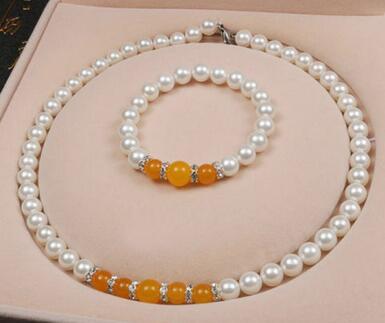 8-10mm White Akoya Shell Pearl & Topaz Gems Round Beads Necklace Bracelet AAA