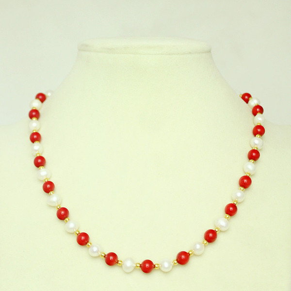 Genuine Natural Freshwater Pearl & Coral Interval Necklace 16-18