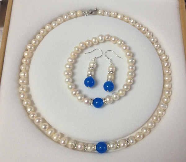 New 7-8mm White Akoya Cultured Pearl Blue Jade Necklace Bracelet Earring Set