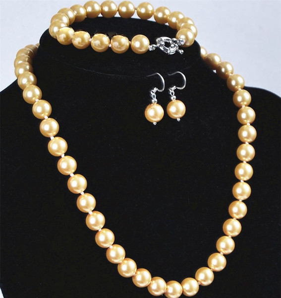 Real 10mm Golden South Sea Shell Pearl Necklace Bracelet Earrings Set AAA Grade