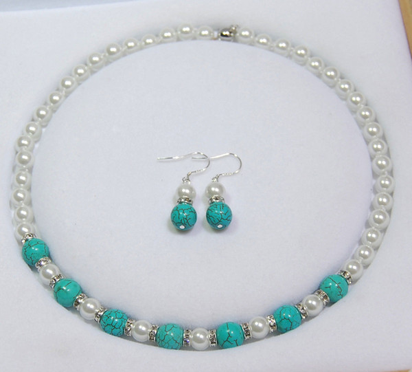 8-10mm White Akoya Shell Pearl &Turkey Turquoise Beads Necklace Earrings Set AAA