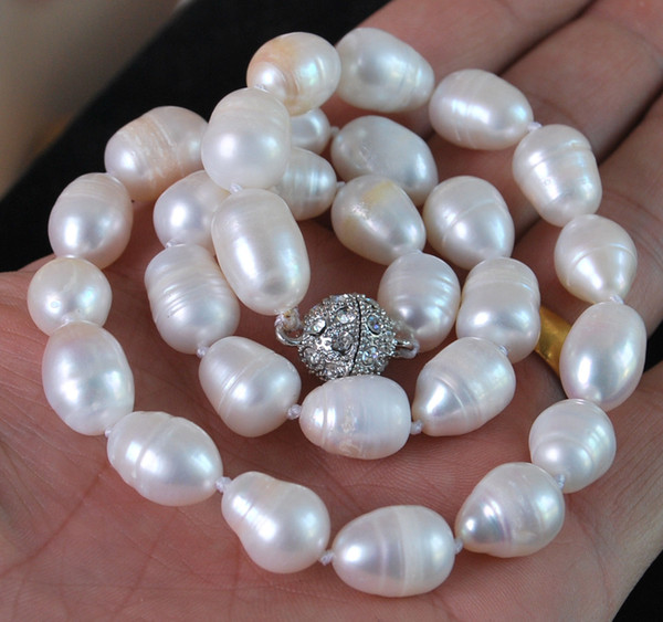 Big 10-11mm Natural White Rice Akoya Cultured Pearl Hand Knotted Necklace 18