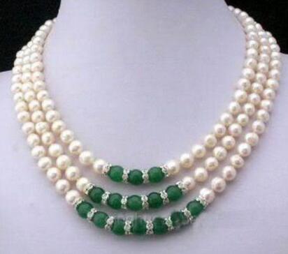 3Rows 7-8MM White Akoya Pearl & Emerald Necklace