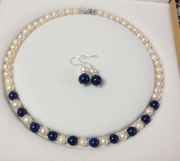 Genuine 7-8MM Natural White Pearl/Lapis Lazuli Round Beads Necklace + Earrings