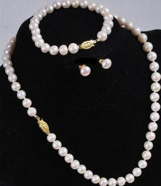 New 7-8mm White Akoya Cultured Pearl Necklace Bracelet Earring Set 18''