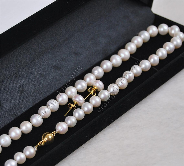 Genuine Natural 8-9MM White Akoya Cultured Pearl necklace earrings set AAA Grade