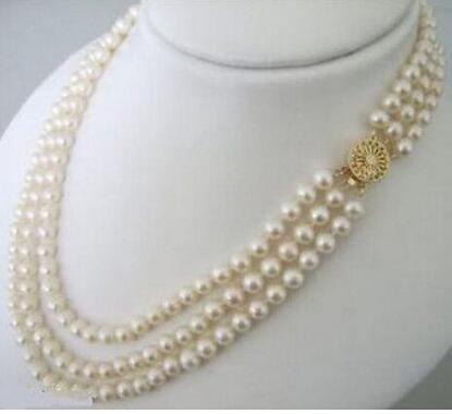 18-20 Natural 3 ROWS 7-8MM White Akoya Cultured Pearl Choker Necklace