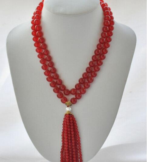 FREE SHIPPING+ ++10mm red jade bead white round pearl necklace 40inch