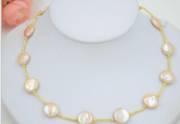 FREE SHIPPING14mm pink coin freshwater pearl necklace