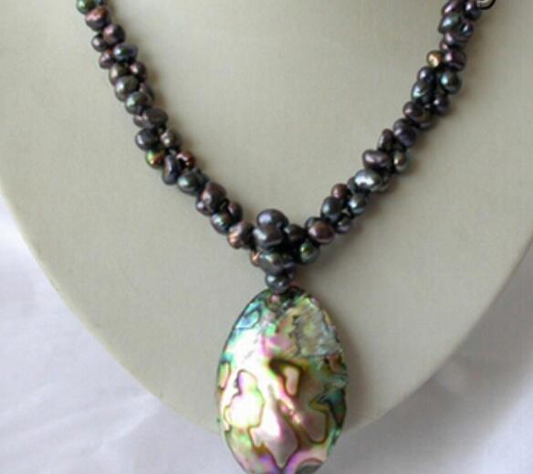 FREE SHIPPING + 2strands 8mm baroque black pearl necklace abalone shell penda