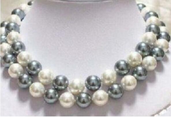 FREE SHIPPINGBeautiful 12mm white& black shell pearl necklace 34