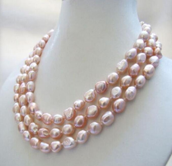 FREE SHIPPING 3 strands genuine natural pink baroque freshwater pearl necklace 8-9mm