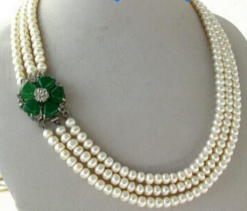 FREE SHIPPING 3 Strands 6mm White Rondelle Freshwater Pearl Necklace Green Flower Clasp