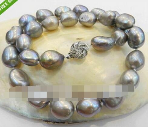 FREE SHIPPING LARGE 12-14MM SILVER GRAY REAL BAROQUE CULTURED PEARL NECKLACE >>