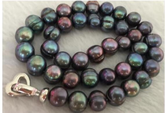 FREE SHIPPING+9-10mm south sea baroque black green pearl necklace 18incH