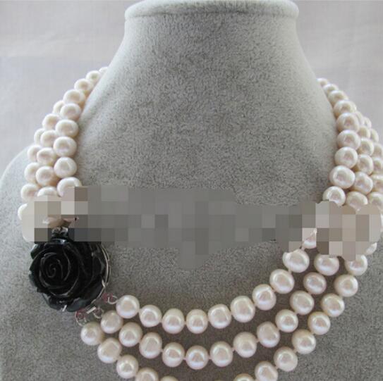 FREE SHIPPING 3row 9-10mm white round freshwater pearl necklace - black flower GP clasp