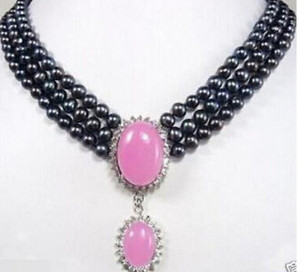 FREE SHIPPING Charming 3 rows 7-8mm black pearl necklace pink jade pendant