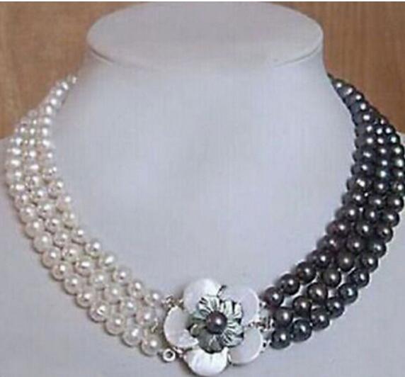 FREE SHIPPING ++3rows 7-8mm white&black Freshwater Pearl Necklace