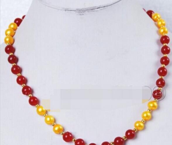 FREE SHIPPING 8mm Natural Red Ruby Jade Golden Cultural Freshwater Pearl Necklace 18