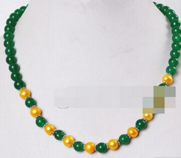 FREE SHIPPING ++8mm Natural Green Malay Jade Golden Cultural Freshwater Pearl Necklace 18