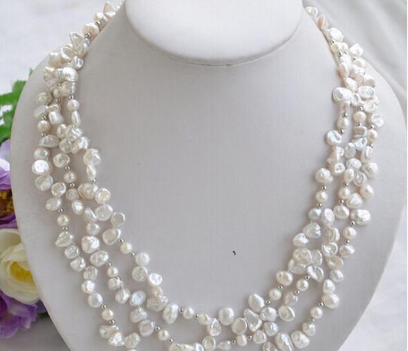 FREE SHIPPING +3row WHITE BAROQUE lamina KESHI REBORN PEARL NECKLACE