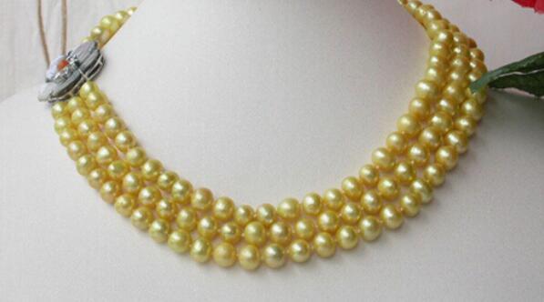 FREE SHIPPING FW 3strands 8-9mm yellow pearl Necklace shell cameo clasp