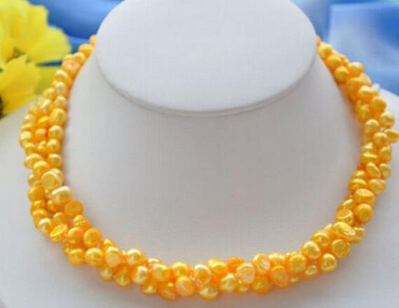 FREE SHIPPING+ 3strands 7-8mm showy yellow baroque freshwater pearl necklace 17inch