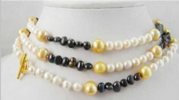 FREE SHIPPING +> tChampagne white black baroque round freshwater pearl necklace