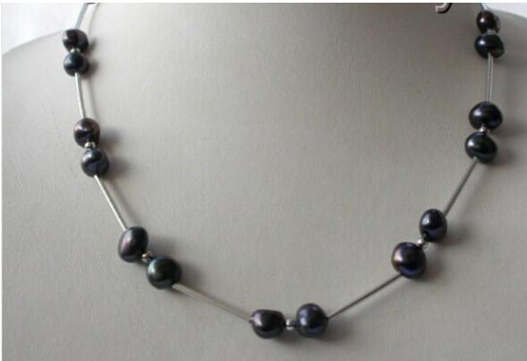 FREE SHIPPING ++stunning 8- 9mm baroque black freshwater cultured pearl necklace 2pc