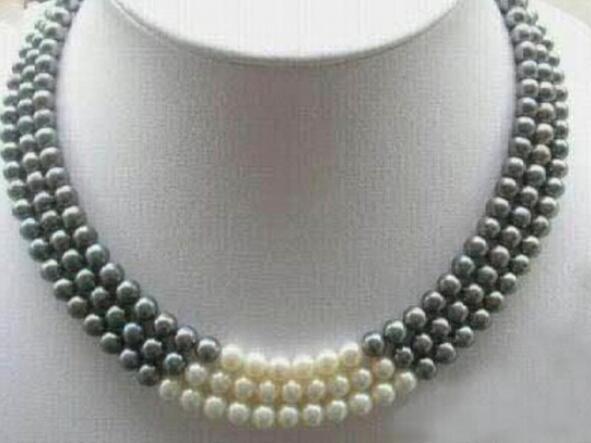 FREE SHIPPING+ +3Rows 7-8MM Black White Natural Pearl Necklace