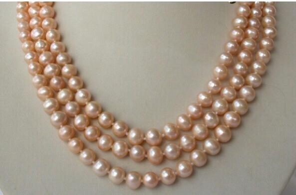 FREE SHIPPING + stunning 3rows 8mm round pink freshwater cultured pearl necklace