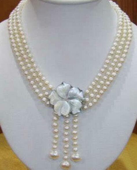 FREE SHIPPING + >Wonderful!7-8MM 3Strds white Akoya Pearl Necklace