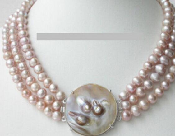 FREE SHIPPING> Noble 3strands FW Purple 9mm pearl Necklace