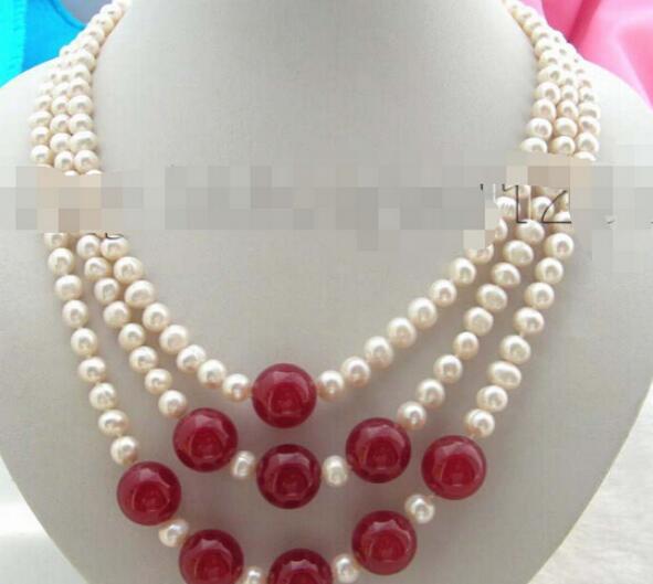 FREE SHIPPING + 3rows Natural 14mm Red Jade White Pearl Necklacecklace