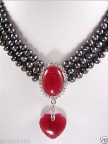 FREE SHIPPING3rows 7-8MM black pearl necklace red jade pendant