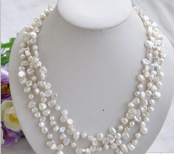 FREE SHIPPING ++3row WHITE BA E lamina KESHI REBORN PEARL NECKLACE