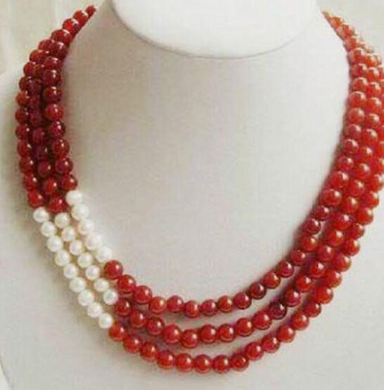 FREE SHIPPING + Wonderful 3 Rows 8mm Red Ruby and White Pearl Necklace