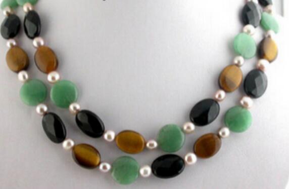 FREE SHIPPING Stunning 2row green jade agate tiger's-eye purple pearl necklace