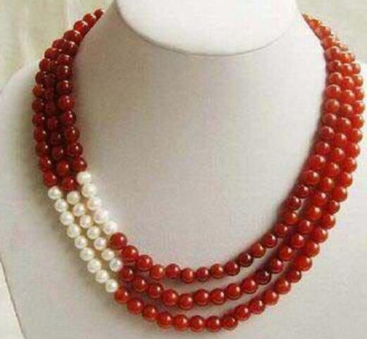 FREE SHIPPING Wonderful 3 Rows 8mm Red jade and White Pearl Necklace